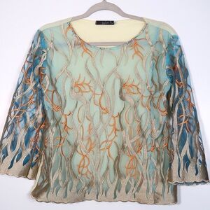 Vintage Blue Sheer top with Gold and Orange Embroidered Design and Beaded Collar